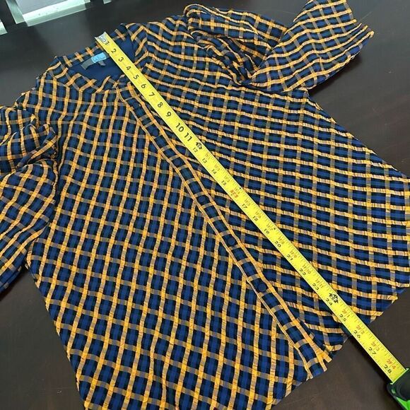 Eva Franco Anthropologie Top Blouse Blue Textured Plaid Puff Sleeve Size 12 - Picture 11 of 13